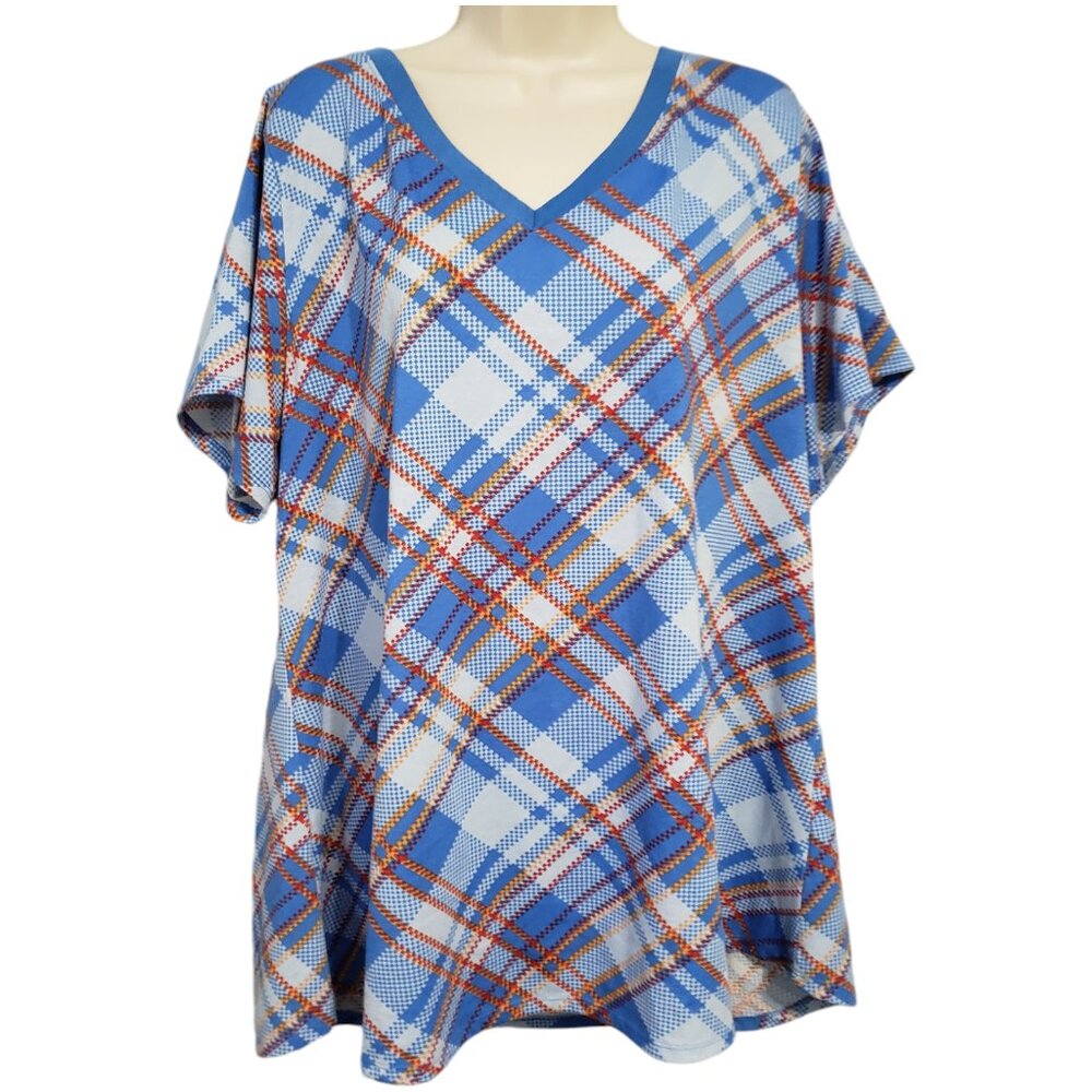 Lularoe Classic Tee 3XL Blue Orange Plaid Print Top Plus Size Comfy Casual